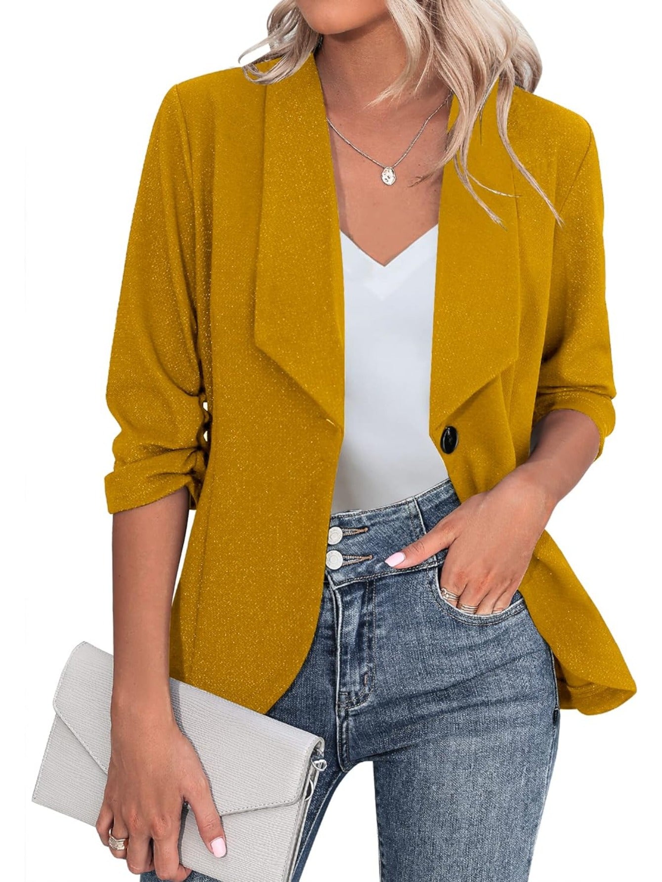 Solid Color Open Front Blazer, Casual Lapel Neck Single Breasted 3/4 Sleeve Blazer For Spring & Fall, Women's Clothing