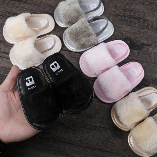 Plush Sandals Summer Open Toe Fur Princess Flats Walking Shoes