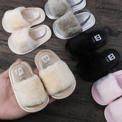 Plush Sandals Summer Open Toe Fur Princess Flats Walking Shoes