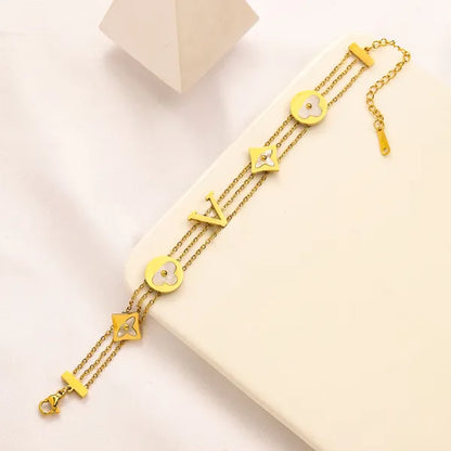 New Fashionable Classic Bracelets Women Bangle 18K Gold Plated Stainless steel Crystal Flower Beads Lovers Gift Wristband Cuff Chain Designer Jewelry