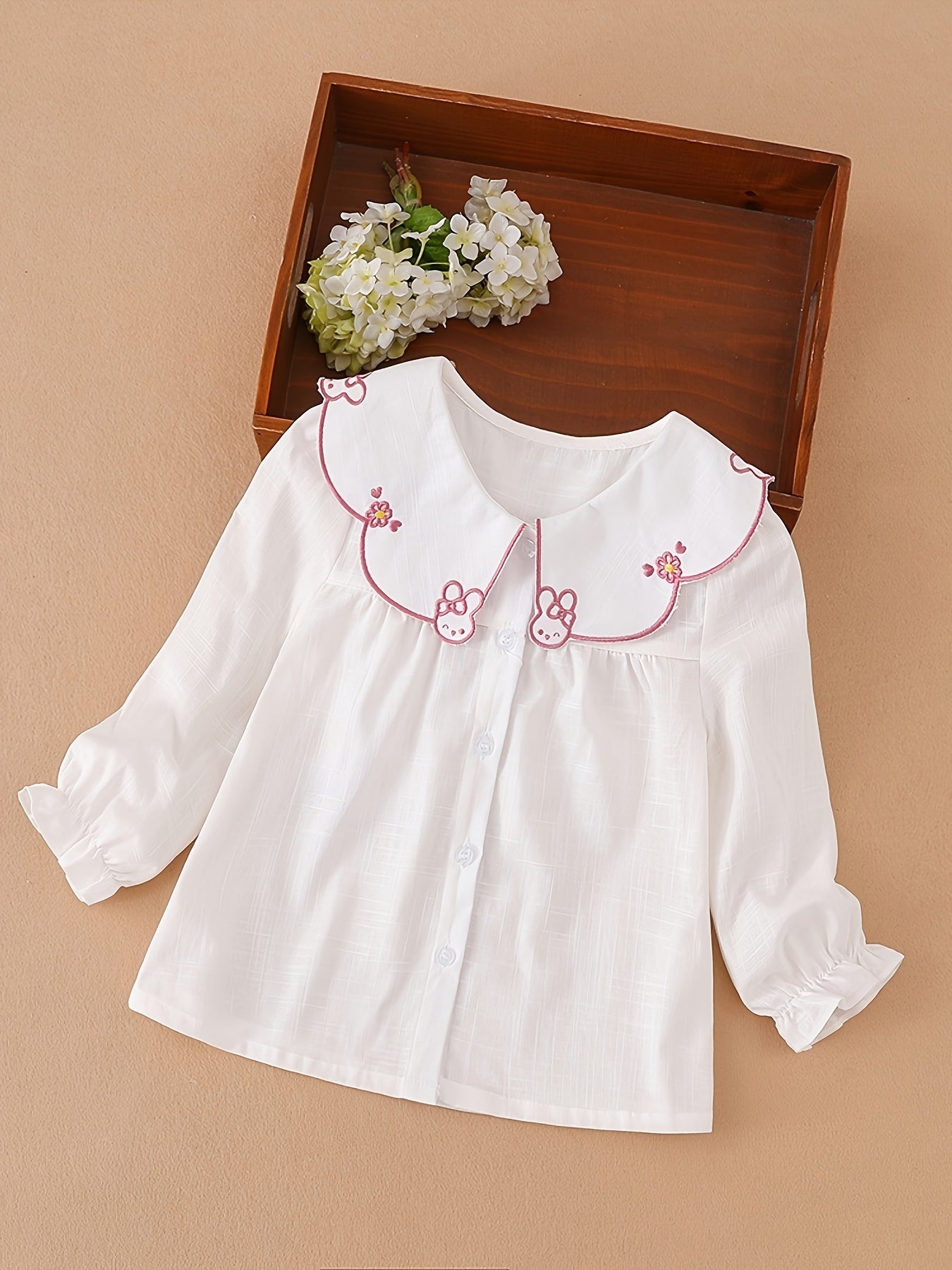 KUYIXIONG Girls Cute & Casual Long Sleeve Ruffle Trim Rabbit Stitched Doll Collar Button Up Cotton Shirt Top For Spring & Fall