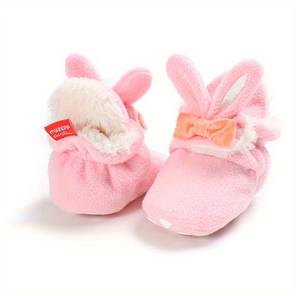 Myggpp Cute Bunny Ear Infant Booties - Casual & Party Ankle-High Walking Shoes with Hook and Loop Fastener, Soft Fabric Upper and Inner Sole, Round Toe, Solid Color with Cartoon Design for Boys and Infants, Suitable for All Seasons