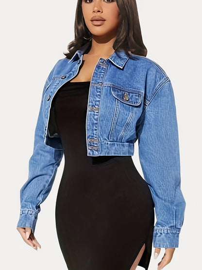 Women's Chic Collared Denim Jacket - Casual, Easy-Care, Long Sleeve, Single-Breasted Coat with Stylish Flap Design