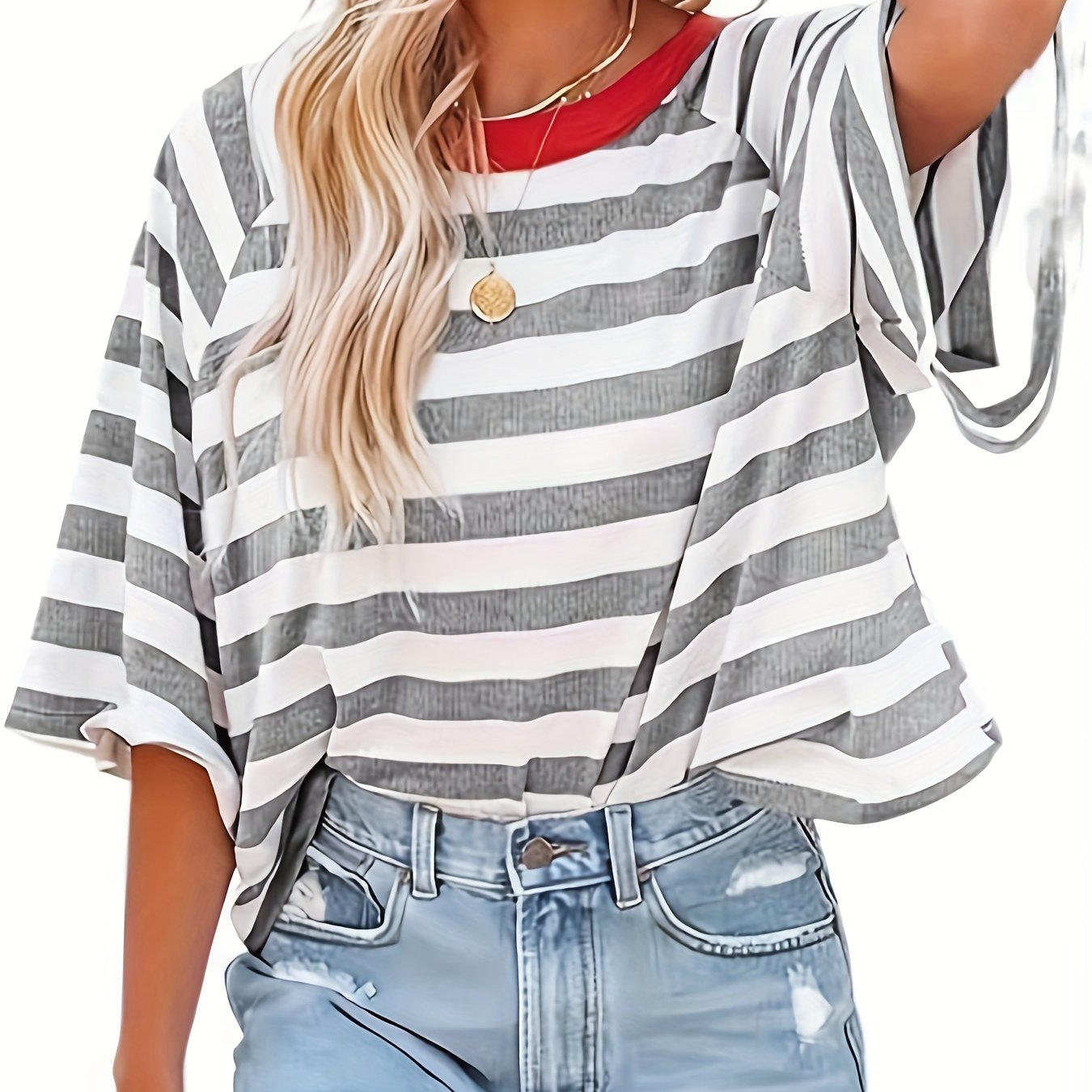 Short Sleeve Striped Raglan T-Shirt - Loose Fit, Medium Stretch, Crew Neck, Half Sleeve, Summer Fashion - Machine Washable, Polyester Knit Fabric, Y2K Style, Random Printing