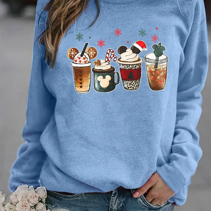 Christmas Coffee Print Sweatshirt, Casual Long Sleeve Crew Neck Sweatshirt, Women's Clothing