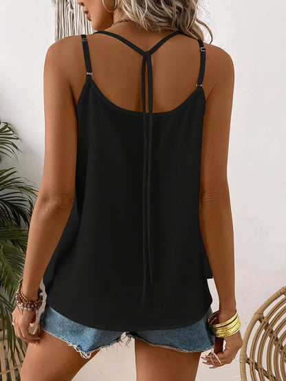 Button Front V Neck Cami Top, Elegant Solid Double Spaghetti Strap Sleeveless Top For Spring & Summer, Women's Clothing