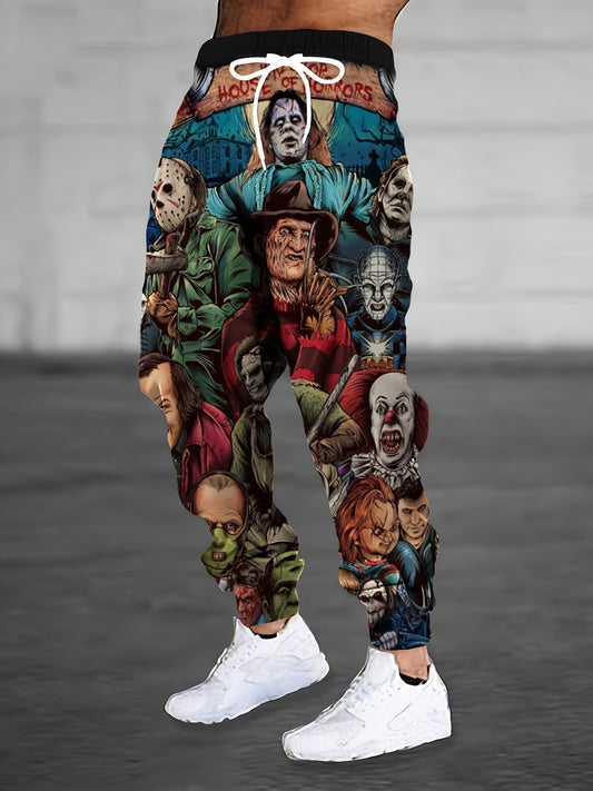 Men's Casual Horror Movie Graphic Print Trousers with Pockets, 100% Polyester Knit Fabric, Loose Fit All-Season Joggers with Slight Stretch - Regular Length