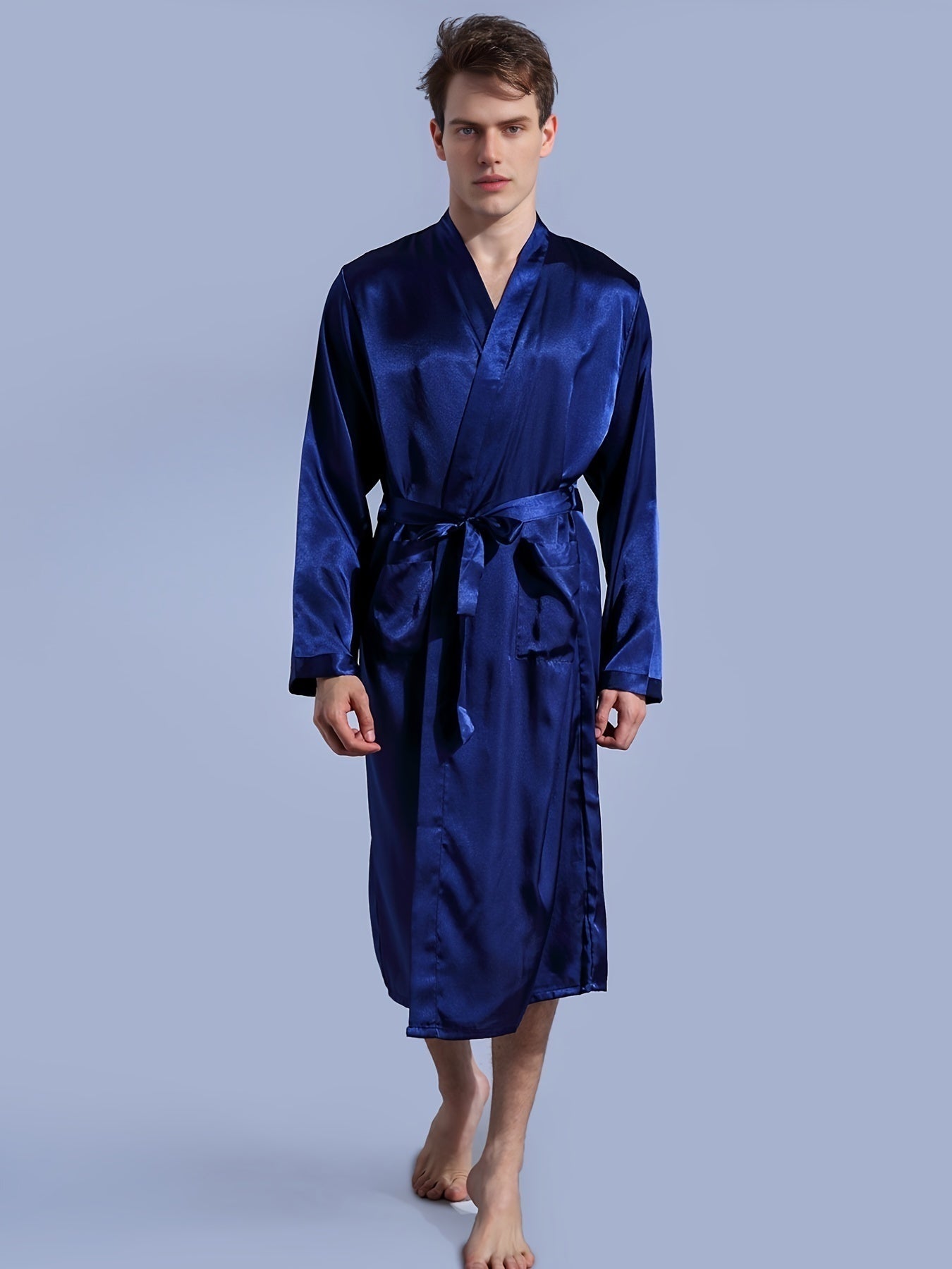 Mens Premium V-neck Belted Bathrobe - Soft & Breathable Loungewear - Quick Drying, Ultra-Comfortable, Adjustable - Perfect for Indoor Relaxation in Plain Colors