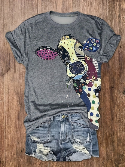 Chic Cow Print Womens T-shirt - Soft Crew Neck Short Sleeve Top - Fashionable & Casual Everyday Wear