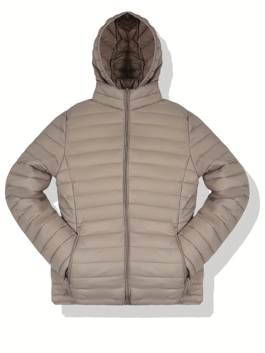 Womens Solid Color Lightweight Quilted Puffer Jacket - Warm & Fashionable Hooded Design, Long Sleeve, Windproof Activewear - Perfect for Casual All-Season Wear