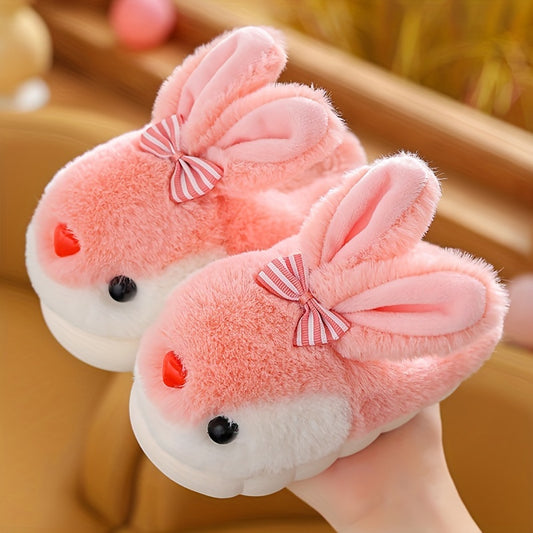 Cute Cartoon Rabbit Plush Slippers for Boys and Girls - Casual Street Style Animal Print Footwear with Bow Detail, Warm Fabric Lined Indoor House Shoes for Toddlers and Kids - Non-Slip PVC Sole, Comfortable Round Toe - Ideal for Daily Casual Wear, All Sea