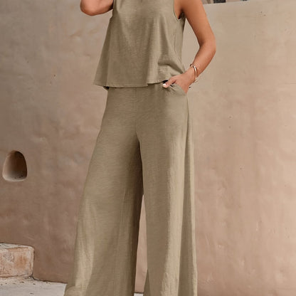 SENGPA Solid Elegant Two-piece Set, Sleeveless Tank Top & Wide Leg Loose Pants Outfits, Women's Clothing