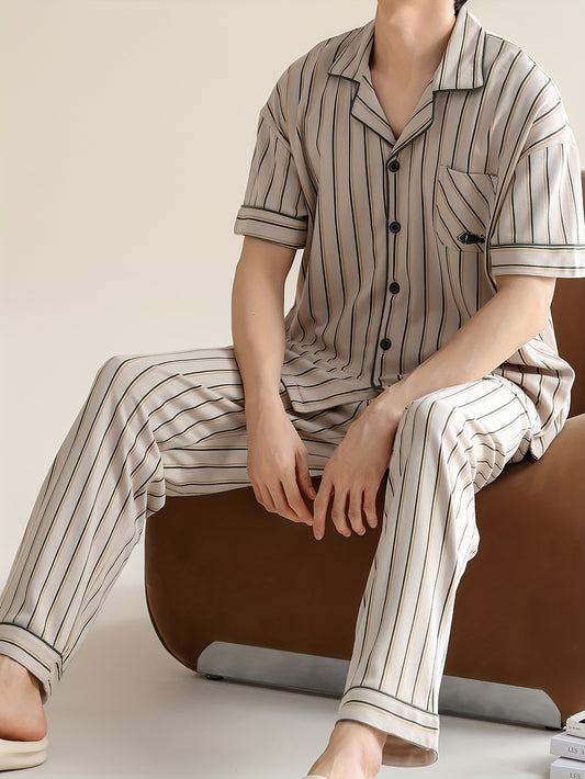 2 Pcs Men's Thin Trendy Stripe Design Open Front Short Sleeve & Trousers Pajama Sets, Comfortable & Skin-friendly Style Pajamas For Men's Cozy Loungewear