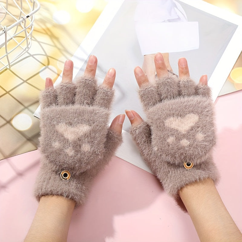 Cute Cat Paw Fuzzy Lined Mitten Gloves - Soft, Warm, Flip-Up, Fingerless, Winter Gloves with Aesthetic Design