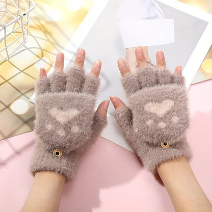 Cute Cat Paw Fuzzy Lined Mitten Gloves - Soft, Warm, Flip-Up, Fingerless, Winter Gloves with Aesthetic Design