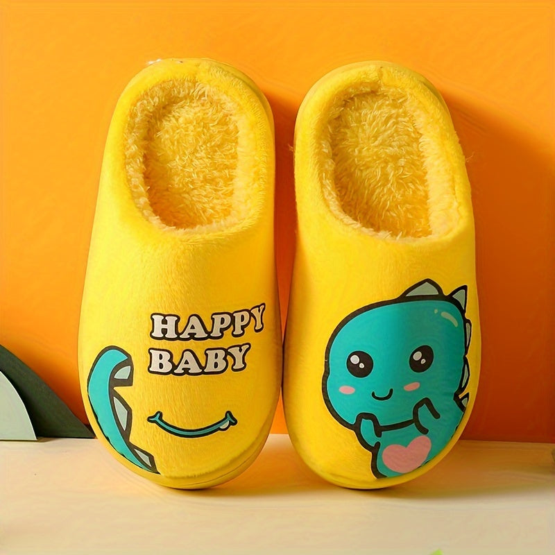 Happy Baby Cartoon Dinosaur Slippers for Kids: Soft Fleece, Rubber Sole, and Adorable Design for Boys and Girls Aged 14 and Under