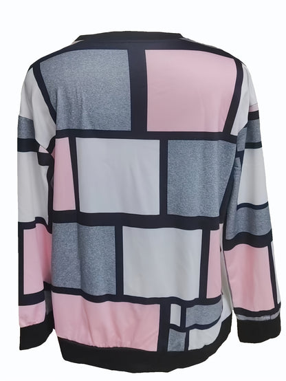 Vibrant Geo Print Color Block Crew Neck Pullover Sweatshirt - Soft Micro Elasticity Polyester Fabric, Machine Washable, Casual Long Sleeve Top for Spring & Fall - Womens Knit Clothing for All Seasons