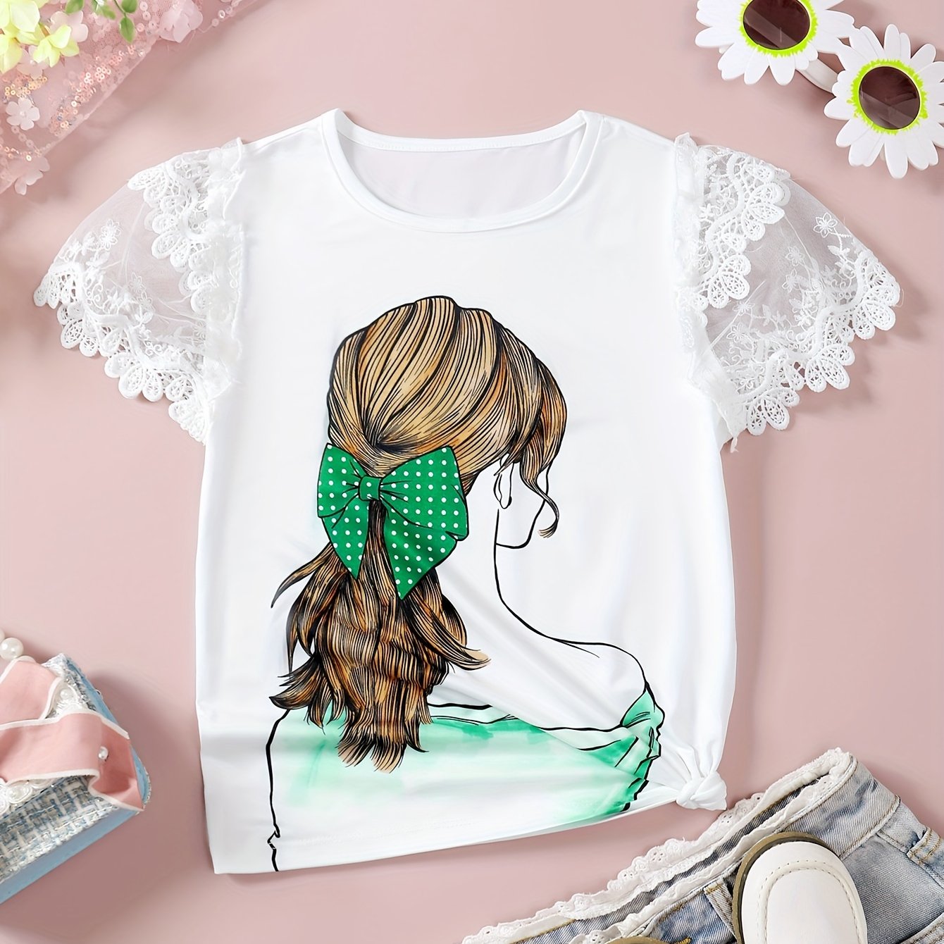 Girls Relaxed Fit Lace Patchwork Short Sleeve Pullover Blouse - Delicate Details, Easy Wear, Perfect for Casual Occasions and Young Girls