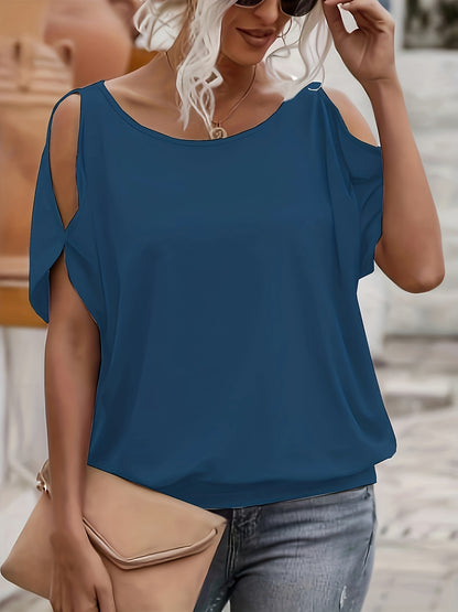 Women's Solid Split Short Sleeve T-Shirt - Casual Crew Neck Tee for Spring & Summer, Breathable and Comfortable