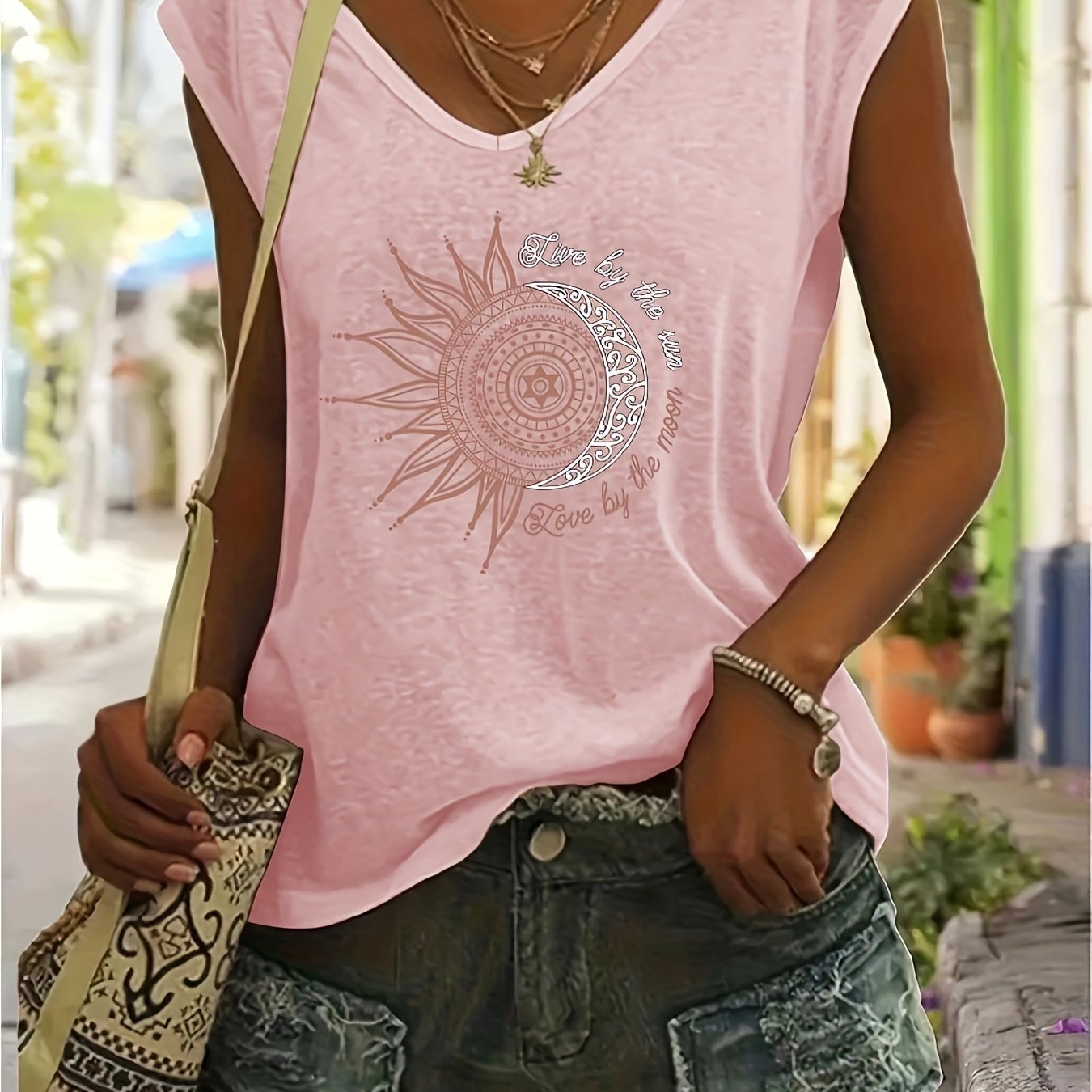 Vibrant Geometric Print V-Neck T-Shirt - Soft Cotton Blend, Micro Elasticity, Regular Length, Casual Style for Spring & Summer - Womens Fashion Essential