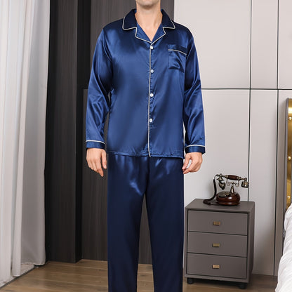 2PCS Mens Elegant Solid Color Pajama Set - Stylish Lapel Cardigan Tops & Easy-Fit Trousers - Soft, Breathable, 2-Piece Casual Home Outfits for Spring and Autumn