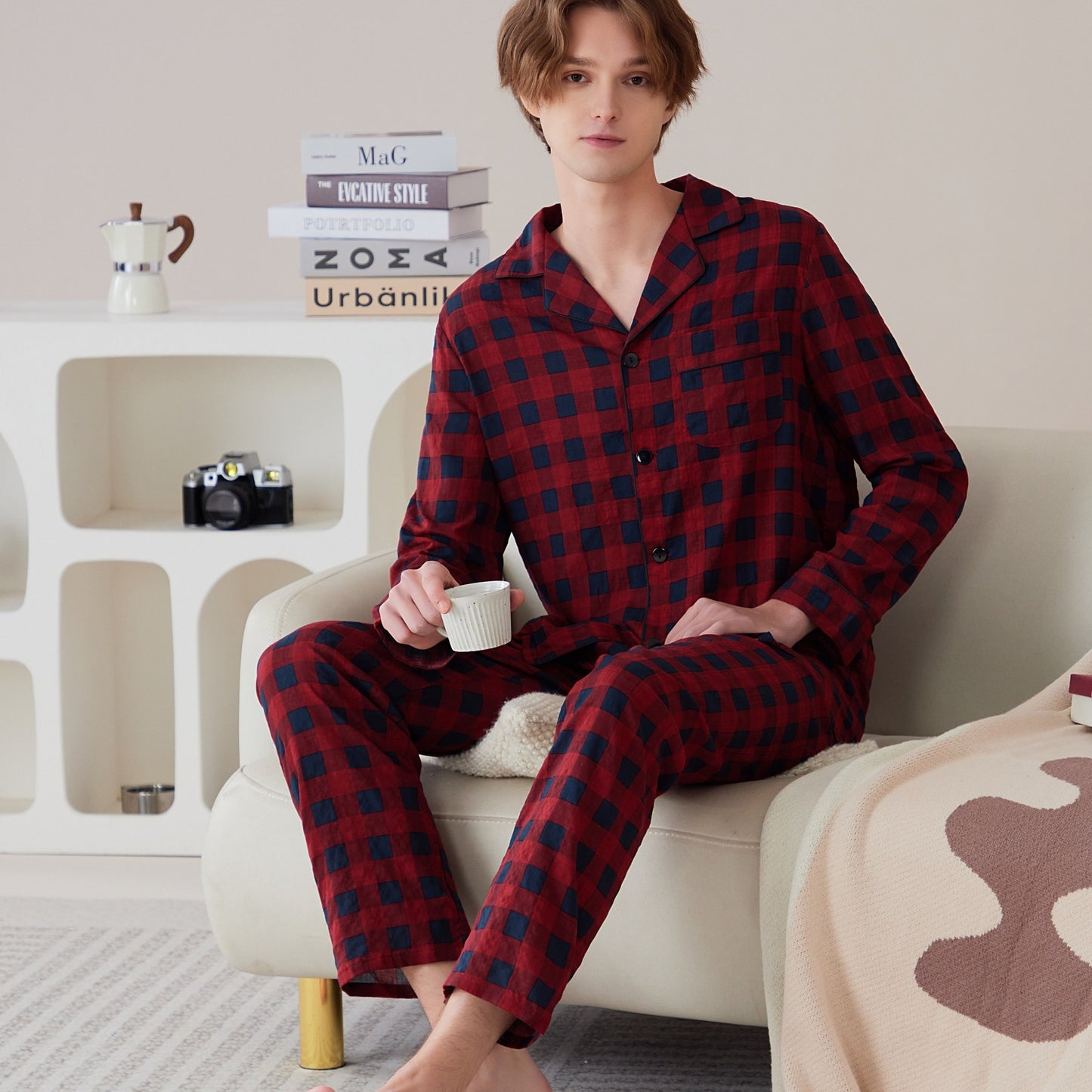 Men's Casual Plaid Pajamas Sets, Long Sleeve Lapel Neck Shirt & Loose Pants Lounge Wear, Home Indoor Sets For Winter Autumn