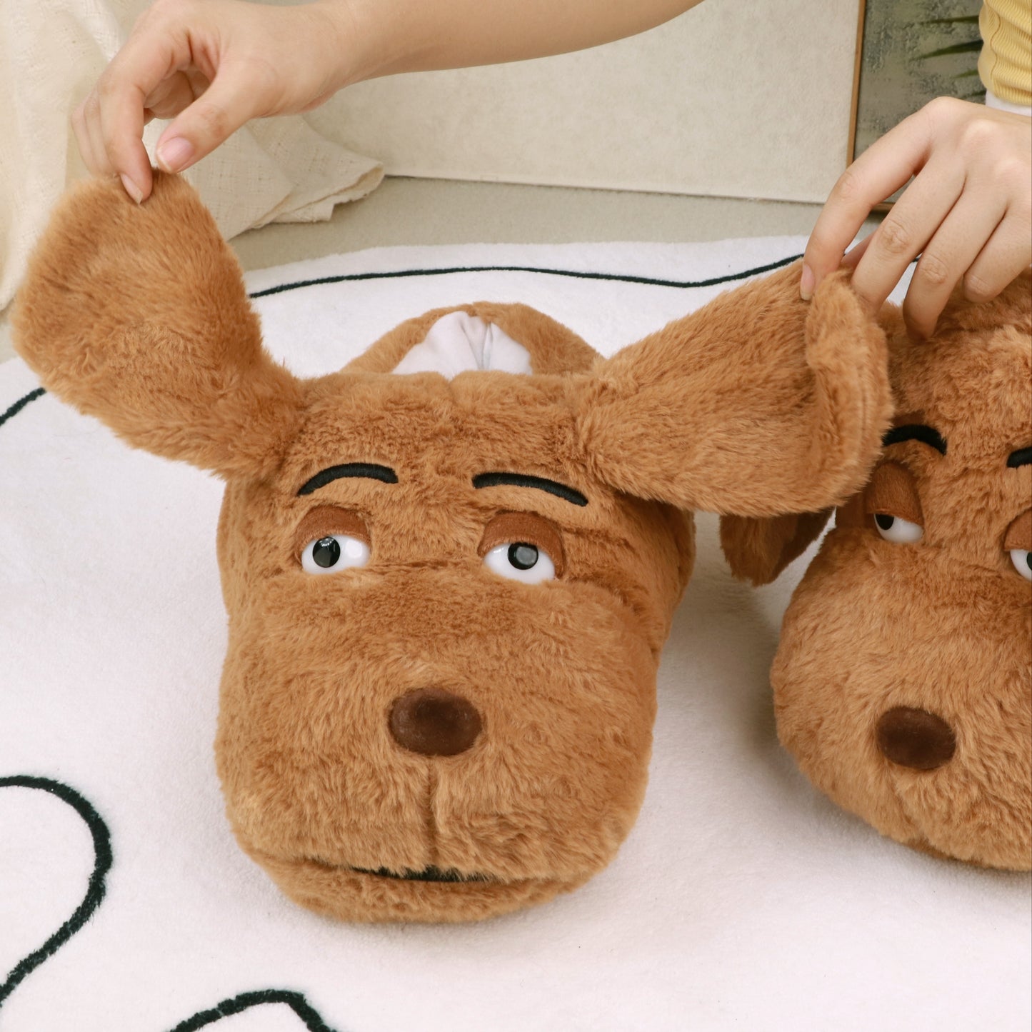 Cartoon Dog Plush Slippers 2 Pairs Set, Unisex Novelty Animal Slip-on Indoor House Shoes, Warm Fabric Lined Couples & Family Interactive Footwear, Perfect for Valentine's & Holiday Gifts