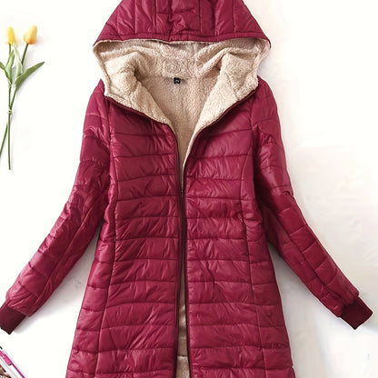 Womens Cozy Hooded Fleece Padded Jacket - Mid-thigh Slim Fit, Insulated for Warmth, Solid Color Casual Winter Coat - Perfect for Outdoor & Everyday Wear, Stylish Activewear