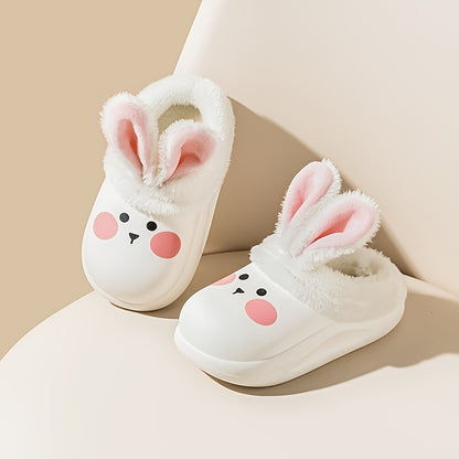 Children's Cute Cartoon Bunny & Bear Slip-On Slippers - Cozy Warm Fabric-Lined Non-Slip Waterproof Rubber Sole Slippers for Boys Under 14 - XLML1968 Kids Plush Cotton Winter Indoor Footwear