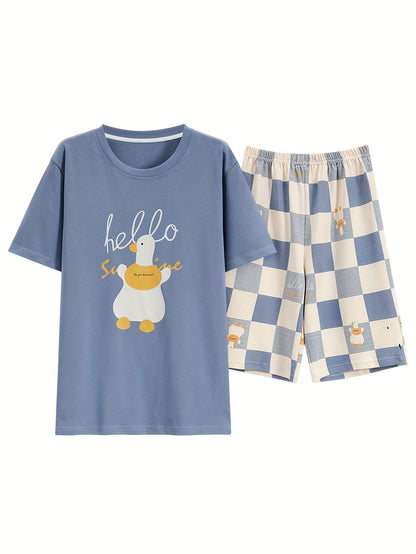 Men's Trendy Casual Comfy Tees & Shorts, Cartoon Duck Graphic Print Crew Neck Short Sleeve T-shirt & Loose Checkered Shorts With Pockets Home Pajamas Sets, Outdoor Sets For Summer