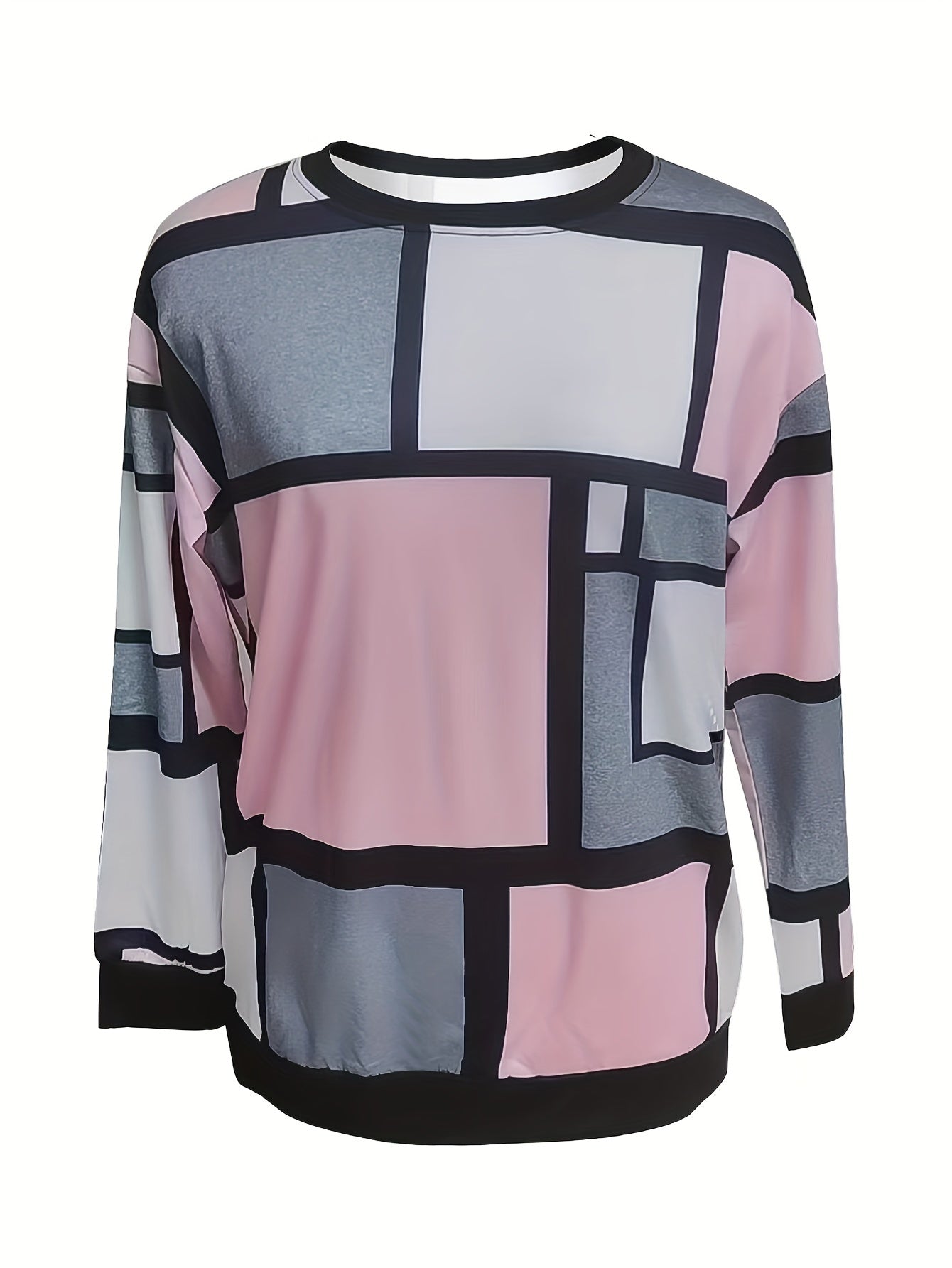 Vibrant Geo Print Color Block Crew Neck Pullover Sweatshirt - Soft Micro Elasticity Polyester Fabric, Machine Washable, Casual Long Sleeve Top for Spring & Fall - Womens Knit Clothing for All Seasons