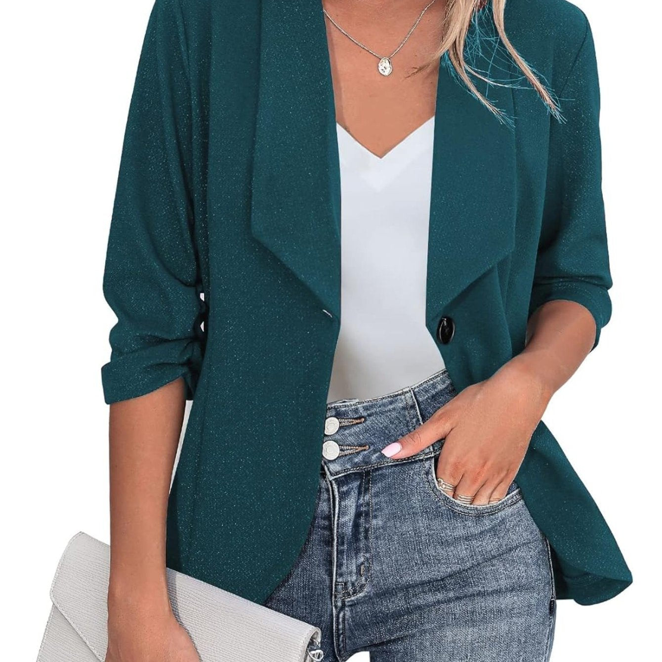 Solid Color Open Front Blazer, Casual Lapel Neck Single Breasted 3/4 Sleeve Blazer For Spring & Fall, Women's Clothing