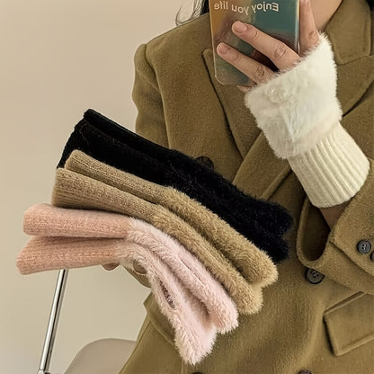 1 Pair Women's Solid Color Fingerless Fuzzy Gloves, Winter Versatile Warm Gloves For Outdoor Activities