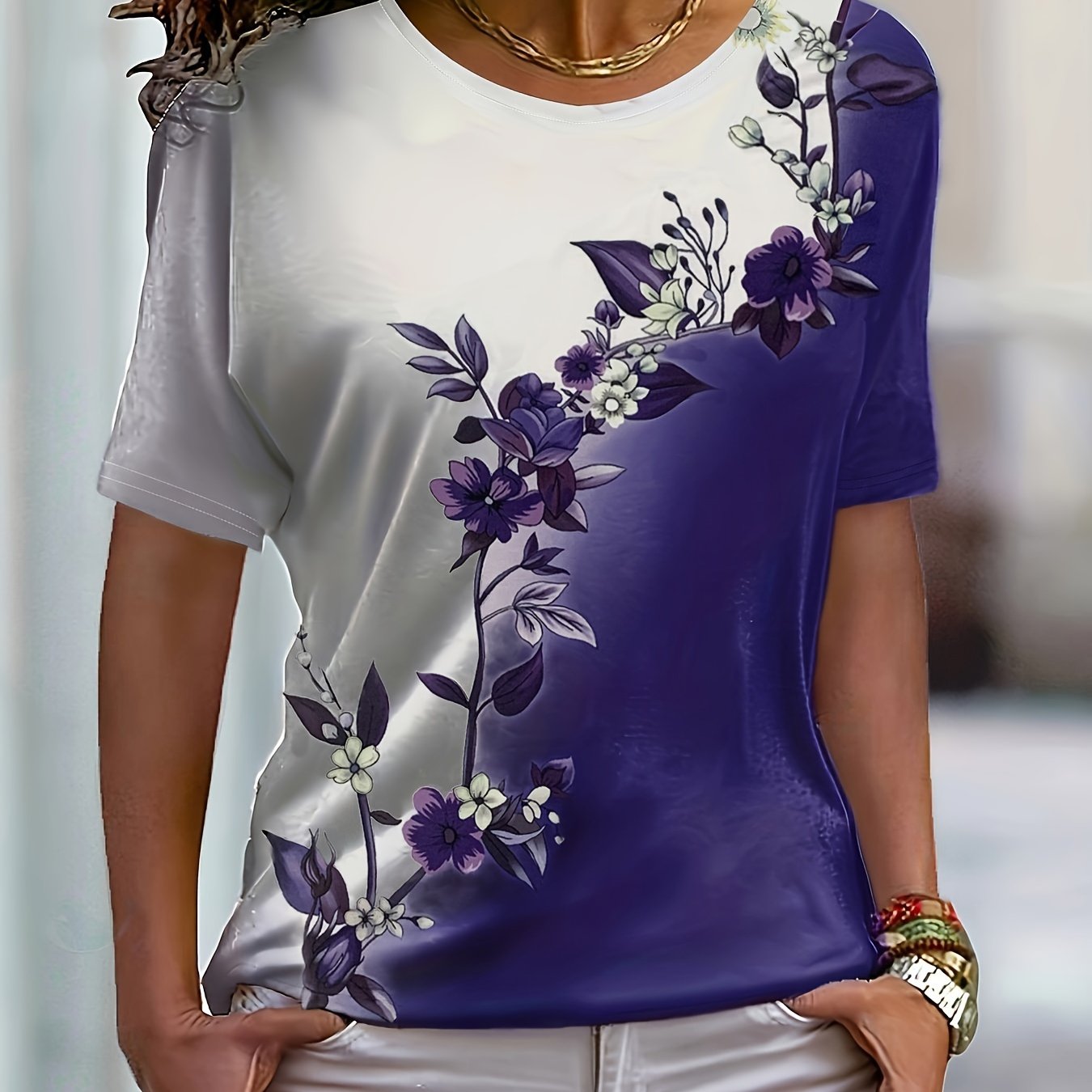 Floral Print Colorblock Crew Neck T-Shirt, Casual Short Sleeve Top For Spring & Summer, Women's Clothing