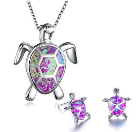 sengpan Christmas gifts ideas Classic Cute Sea Turtle Necklace Earrings jewelry set Trendy Animal Fire Opal Stud Earring for girl women best gift