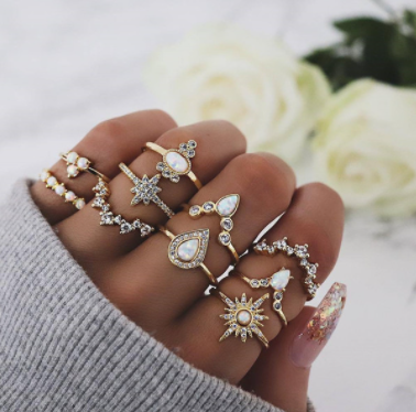 sengpan gifts for women 10 Pcs/Set Sweet Crystal Leaf Flower Moon Star Opening Heart Rings for Women Fashion Geometric Gold Imitation Pearl Ring Jewelry