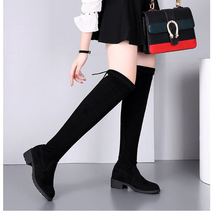 Autumn and Winter Boots over-the-Knee Flat Elastic Show Thin Black over the Knee Long Boots Suede Students Low Heel plus Size