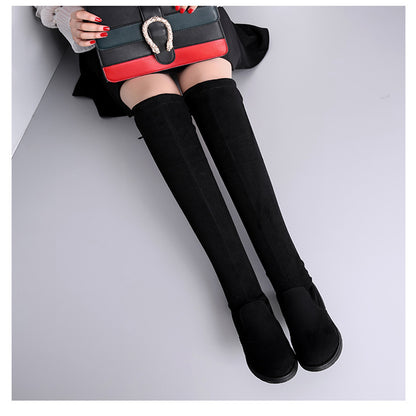 Autumn and Winter Boots over-the-Knee Flat Elastic Show Thin Black over the Knee Long Boots Suede Students Low Heel plus Size