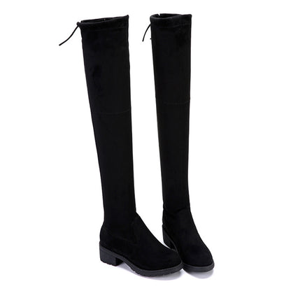 Autumn and Winter Boots over-the-Knee Flat Elastic Show Thin Black over the Knee Long Boots Suede Students Low Heel plus Size