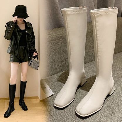 Autumn and Winter New Size 43 Leather Surface Frye Boot Back Zipper plus Size High Leg Boot Chunky Heel Low Heel Knight Boots Women