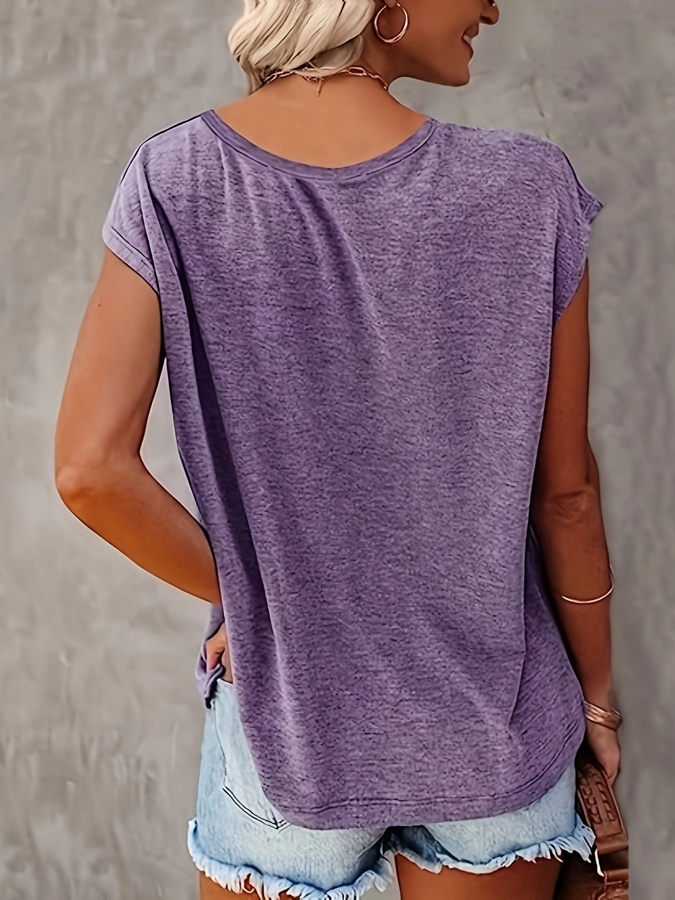 Solid Color V Neck T-shirt 2 Packs, Casual Cap Sleeve Top For Spring & Summer, Women's Clothing