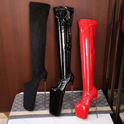 New HOT and NEW Cross Border Black Metal Stiletto 30cm Overknee Long Boot Stretch Boots plus Size 44-Size 50 Women's Boots Fashion