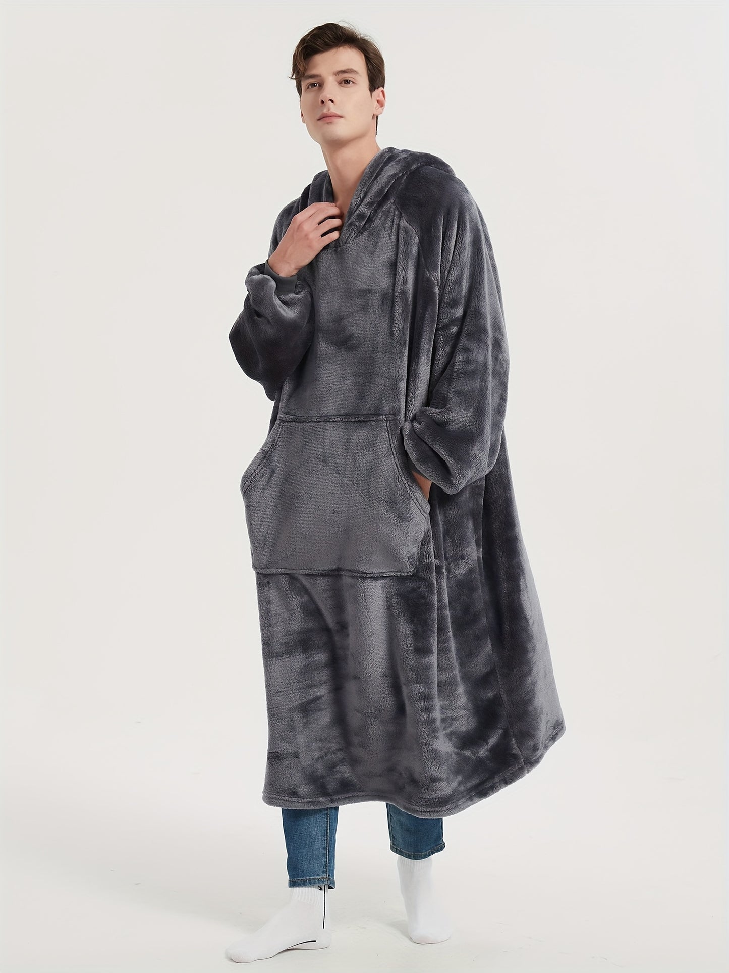 Men's Cozy Flannel Hooded Robe - Extra Long, Solid Color Lounge Wear with Pockets for Autumn & Winter, Machine Washable