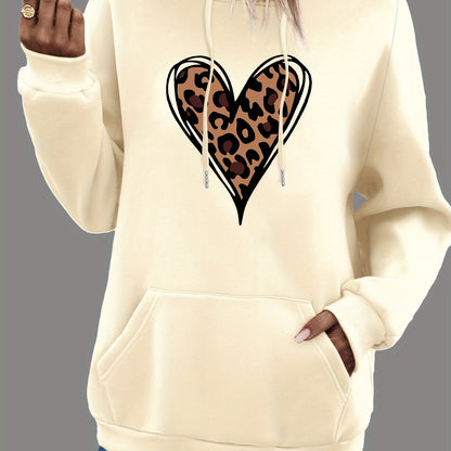 Women's Heart Print Kangaroo Pocket Casual Hoodie - Long Sleeve Drawstring Sweatshirt with Relaxed Fit, Soft Fabric, and Cozy Design for Everyday Wear