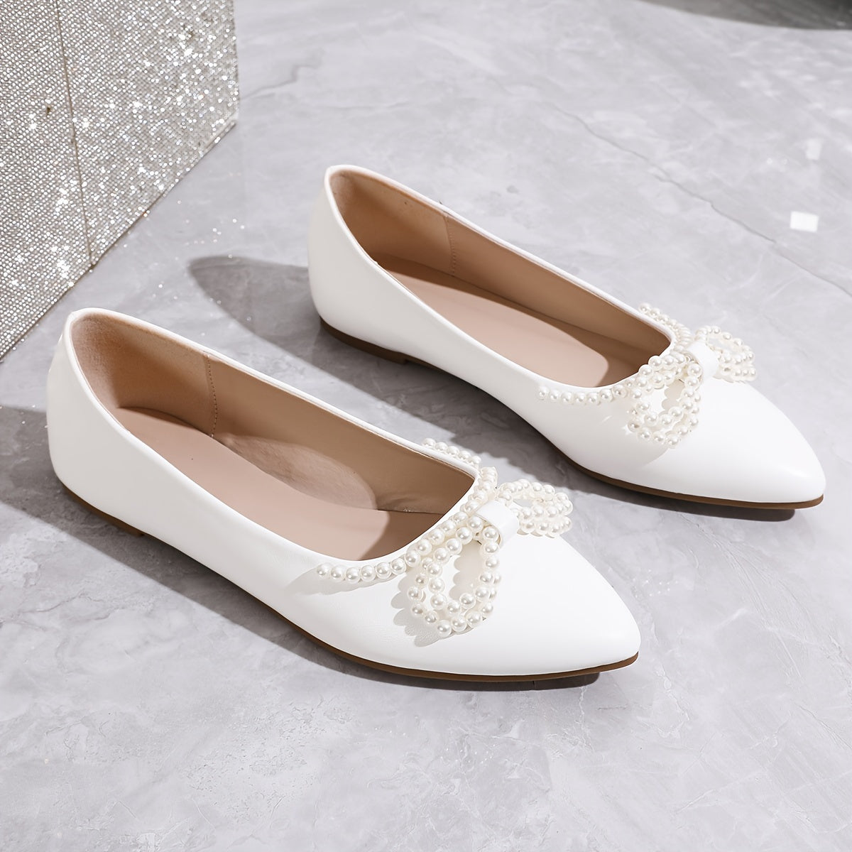 Women's Flat Shoes With Faux Pearl Bow, Pointed Toe Slip On Shallow Mouth Dressy Flats, Breathable Daily Elegant Shoes