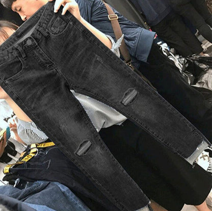 Internet Celebrity 2024 Spring and Autumn 100.00kg Plump Girls Cropped Jeans Women's Elastic Thin Ripped Ankle-Tied Pants Leggings