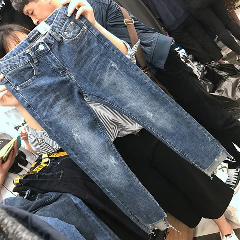 Internet Celebrity 2024 Spring and Autumn 100.00kg Plump Girls Cropped Jeans Women's Elastic Thin Ripped Ankle-Tied Pants Leggings