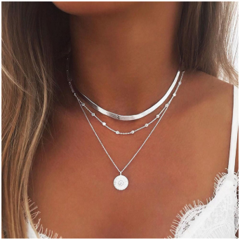 sengpan New Evil Eye Crystal Pendant Necklace Coin Women's Necklace Set Multi-layer StarMoon Alloy Imitation Pearl Pendant Necklace