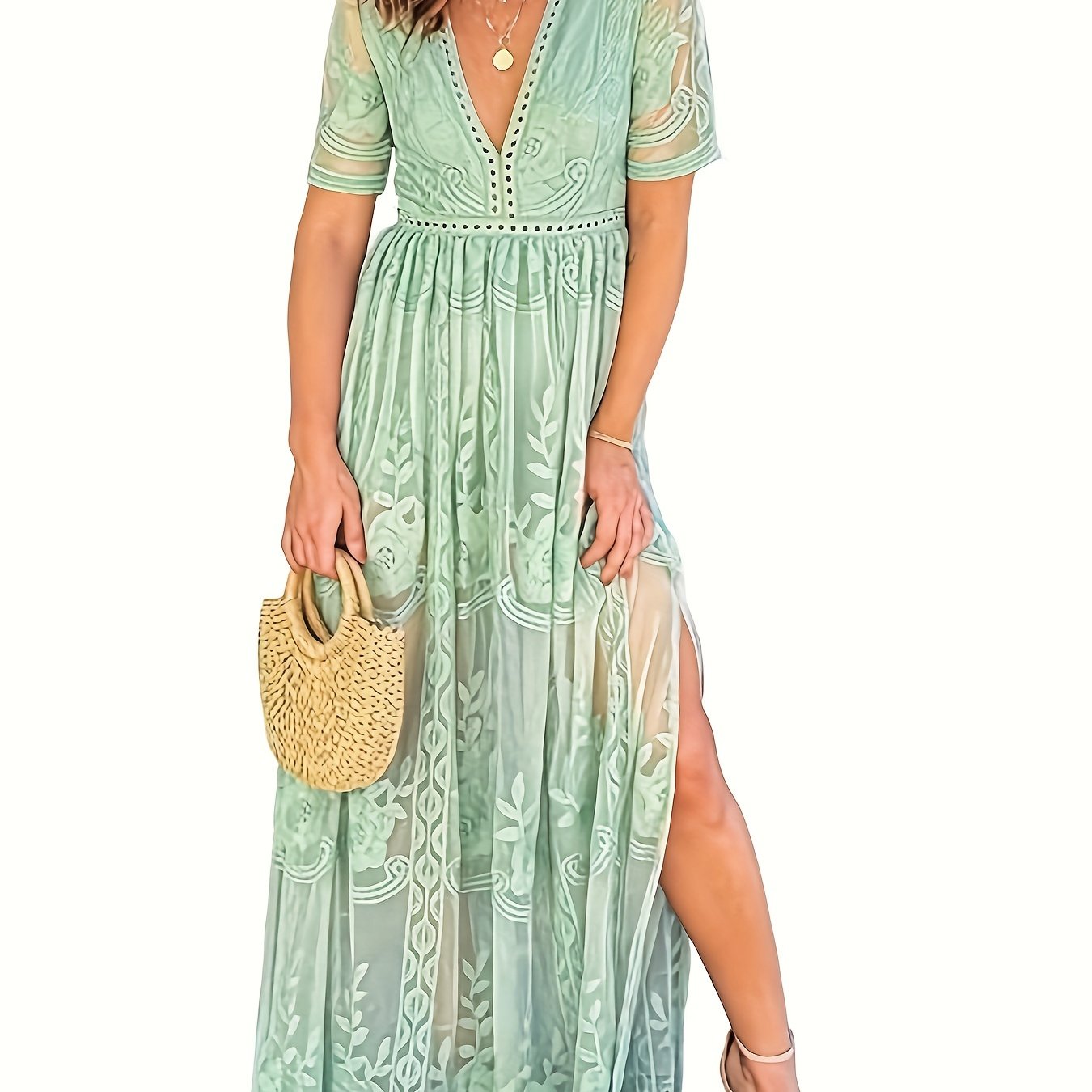 Women's Casual V-Neck Lace Long Dress Bohemian Bridesmaid Wedding Evening Dress With Slit, All Floral Lace, High Waist, Hollowed Out Simple And Elegant Green Color