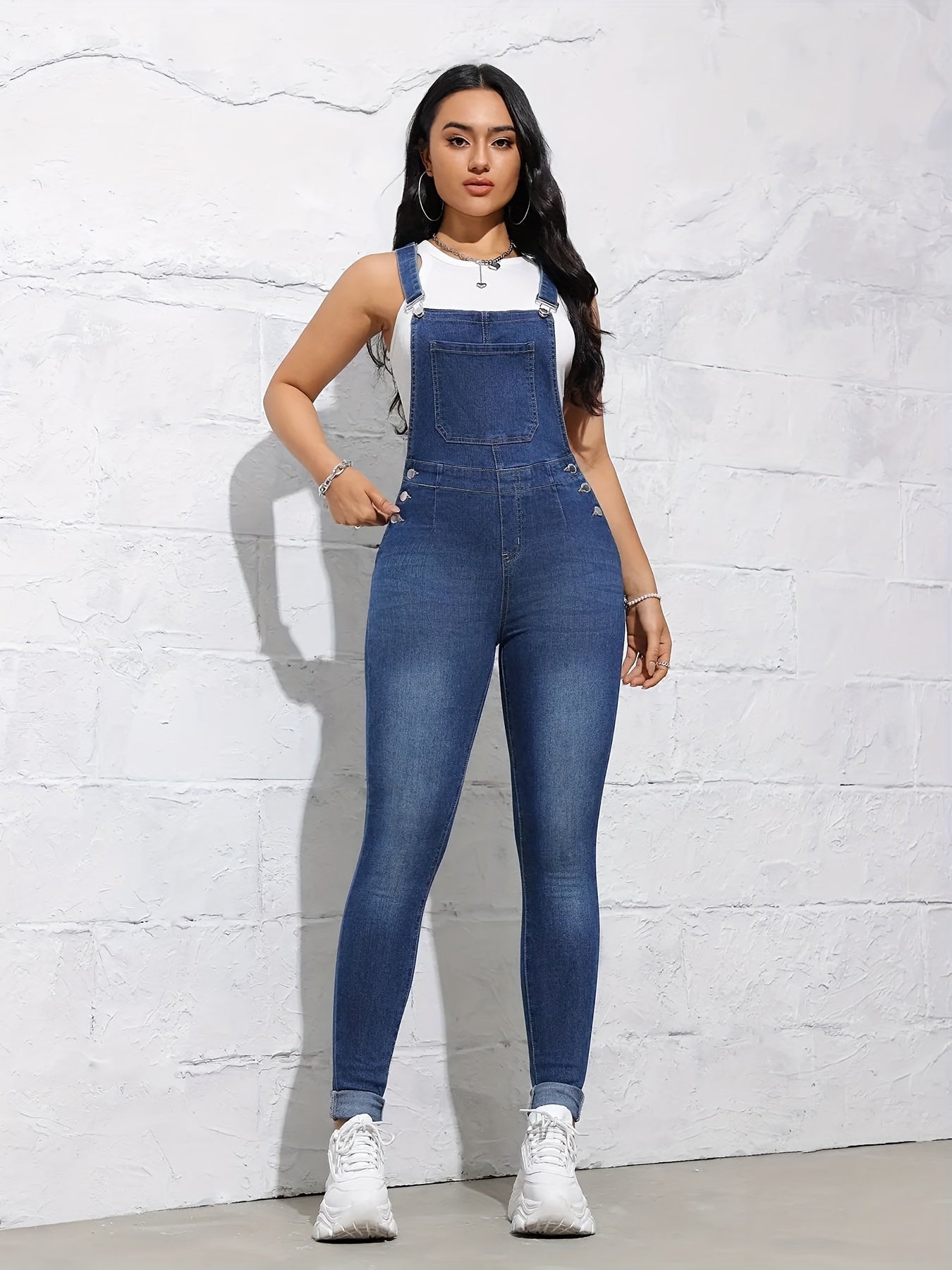 Plain Washed Blue Casual Style Skinny Fit Denim Overalls Dungarees, Women's Denim Jeans & Clothing